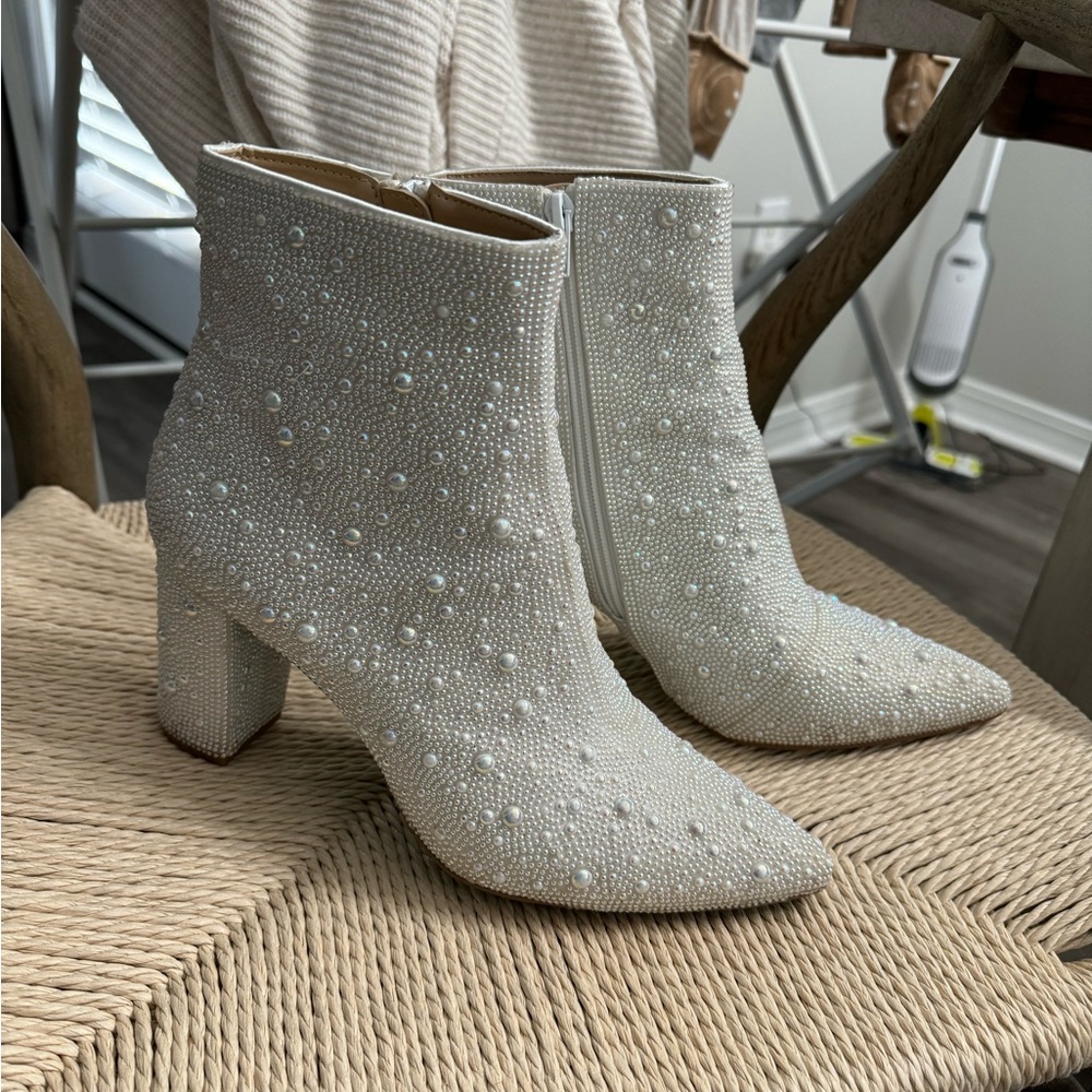 Betsy Johnson Cady Ivory Rhinestone booties. Size 8 1/2. Worn once for wedding.